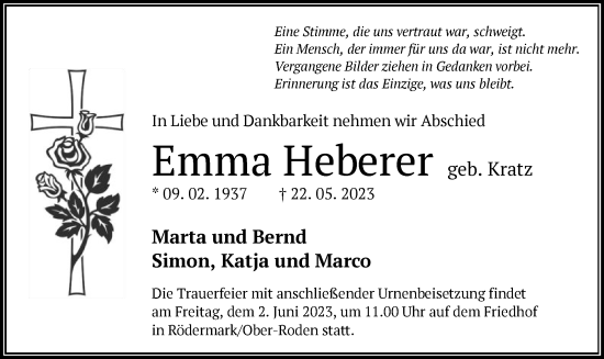 Todesanzeige von Emma Heberer von OF