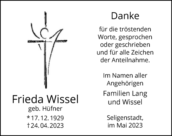 Todesanzeige von Frieda Wissel von OF