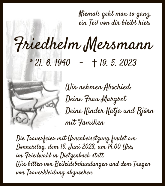 Todesanzeige von Friedhelm Mersmann von OF