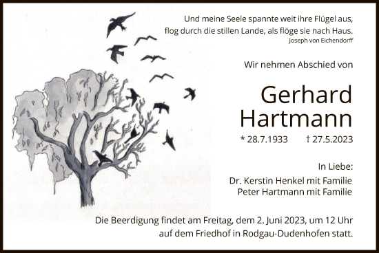 Todesanzeige von Gerhard Hartmann von OF
