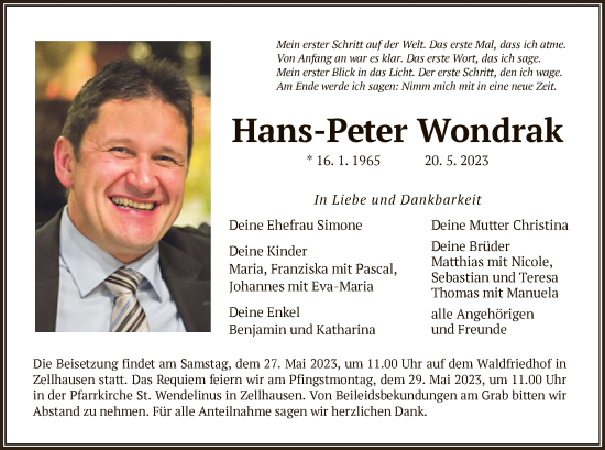 Todesanzeige von Hans-Peter Wondrak von OF