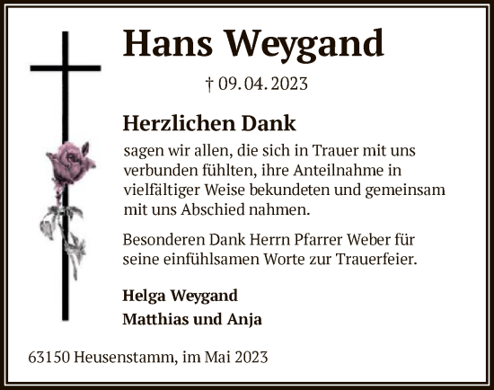 Todesanzeige von Hans Weygand von OF