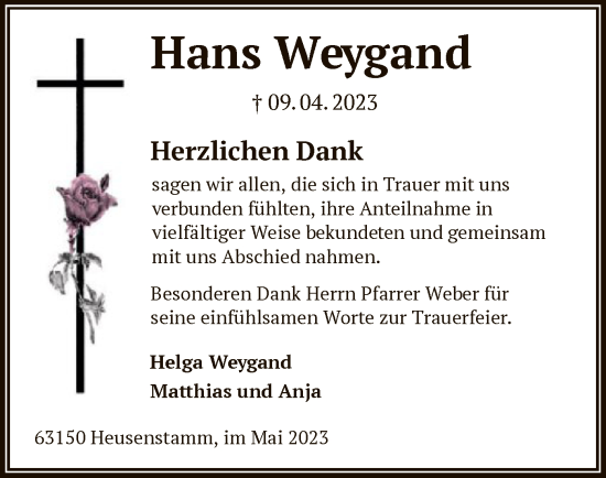 Todesanzeige von Hans Weygand von OF