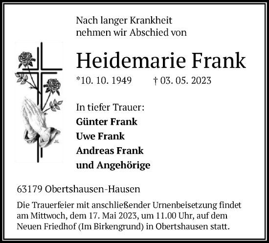 Todesanzeige von Heidemarie Frank von OF