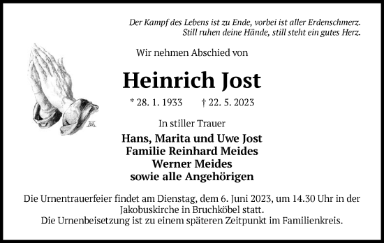 Todesanzeige von Heinrich Jost von OF
