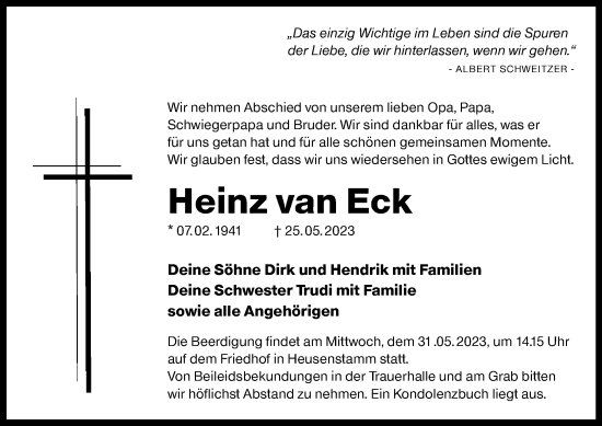 Todesanzeige von Heinz van Eck von OF