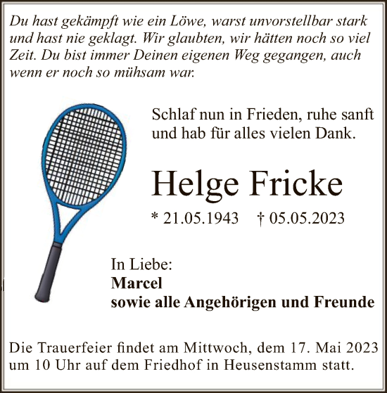 Todesanzeige von Helge Fricke von OF