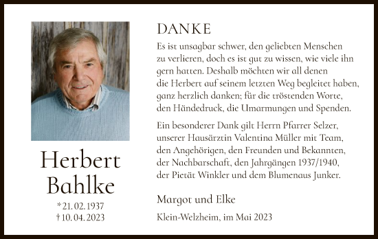 Todesanzeige von Herbert Bahlke von OF