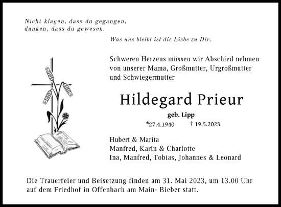 Todesanzeige von Hildegard Prieur von OF