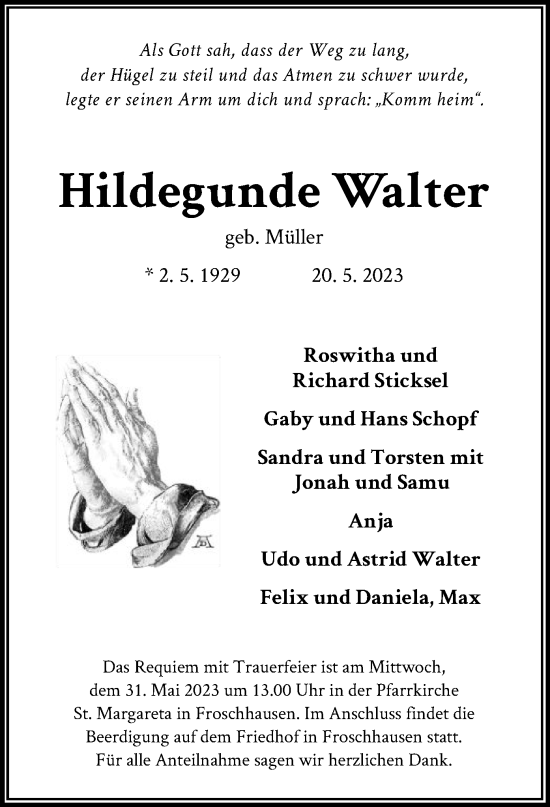 Todesanzeige von Hildegunde Walter von OF