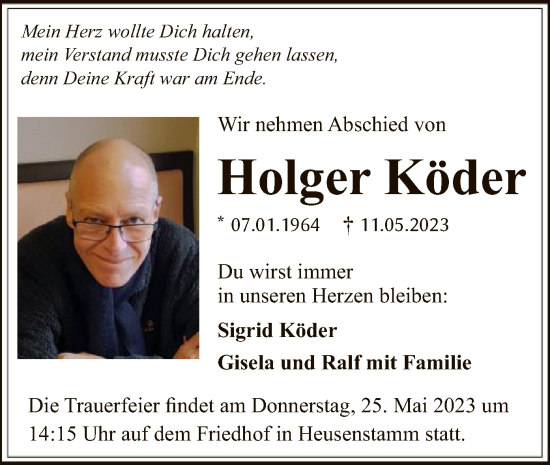 Todesanzeige von Holger Köder von OF