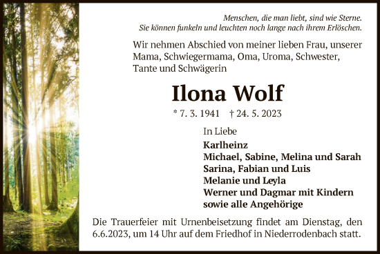 Todesanzeige von Ilona Wolf von OF