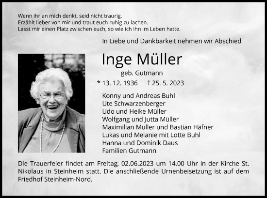 Todesanzeige von Inge Müller von OF