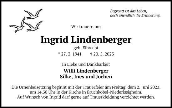 Todesanzeige von Ingrid Lindenberger von OF