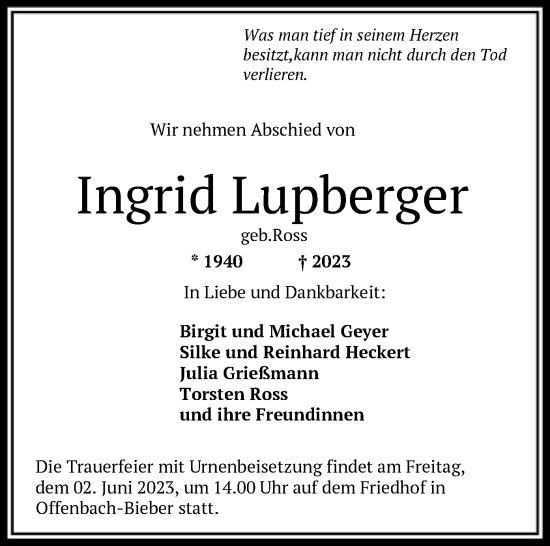 Todesanzeige von Ingrid Lupberger von OF