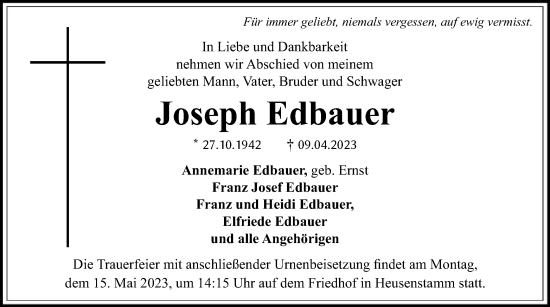 Todesanzeige von Joseph Edbauer von OF