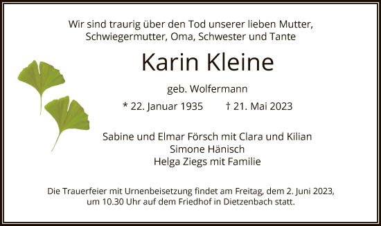 Todesanzeige von Karin Kleine von OF