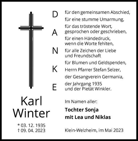 Todesanzeige von Karl Winter von OF