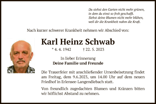 Todesanzeige von Karl Heinz Schwab von OF