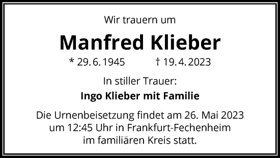 Todesanzeige von Manfred Klieber von OF