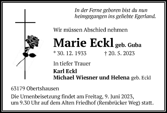 Todesanzeige von Marie Eckl von OF