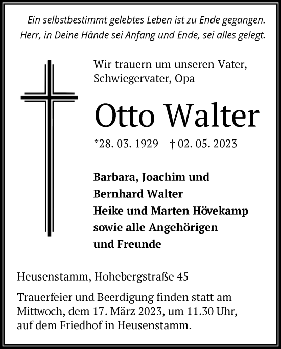 Todesanzeige von Otto Walter von OF