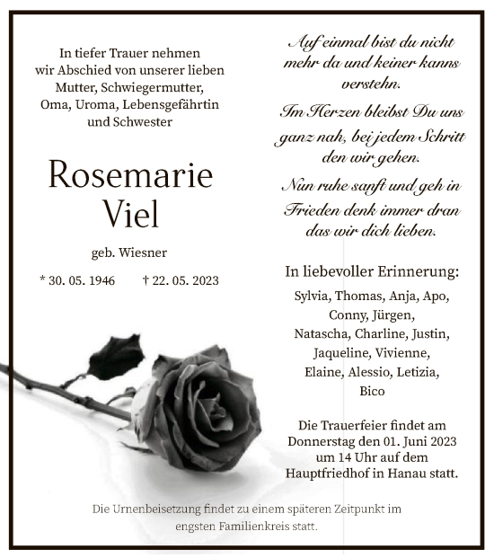 Todesanzeige von Rosemarie Viel von OF