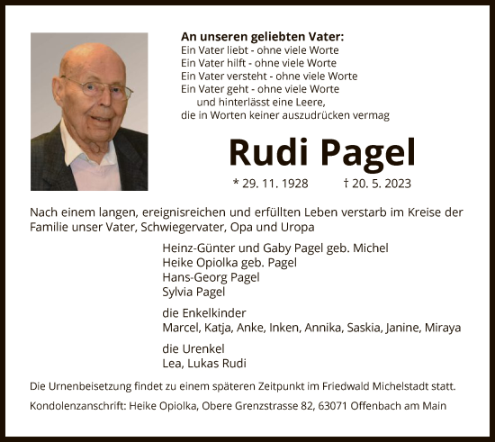 Todesanzeige von Rudi Pagel von OF
