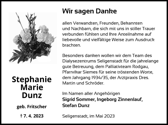 Todesanzeige von Stephanie Marie Dunz von OF