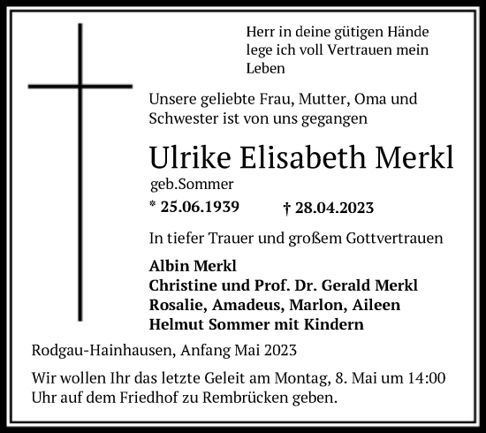 Todesanzeige von Ulrike Elisabeth Merkl von OF