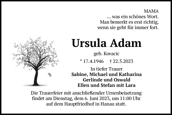 Todesanzeige von Ursula Adam von OF