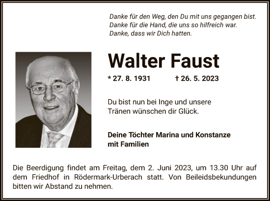 Todesanzeige von Walter Faust von OF