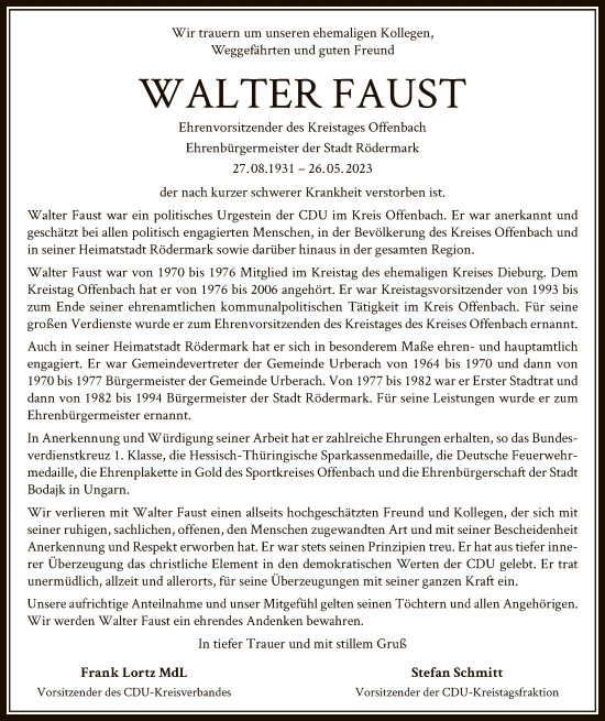 Todesanzeige von Walter Faust von OF