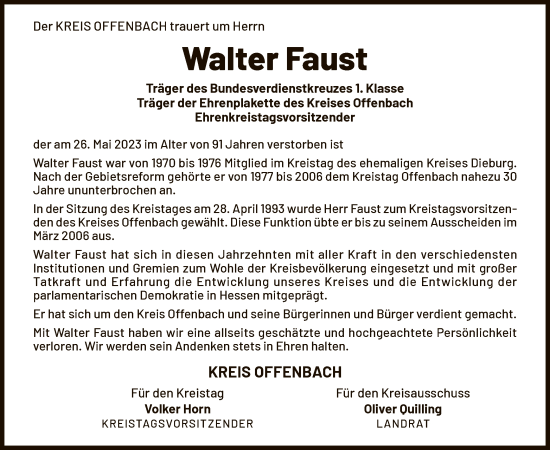 Todesanzeige von Walter Faust von OF