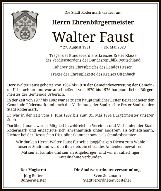Todesanzeige von Walter Faust von OF