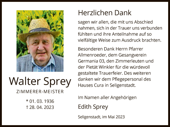 Todesanzeige von Walter Sprey von OF