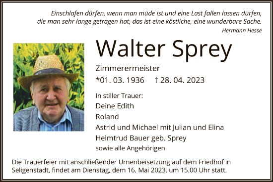 Todesanzeige von Walter Sprey von OF