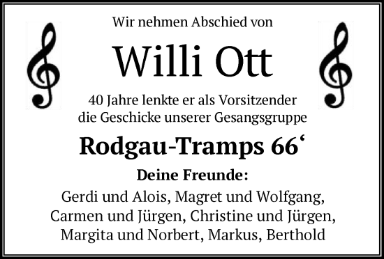 Todesanzeige von Willi Ott von OF