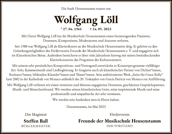 Todesanzeige von Wolfgang Löll von OF