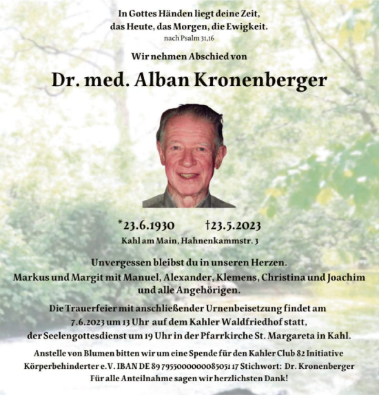 Todesanzeige von Alban Kronenberger von OF