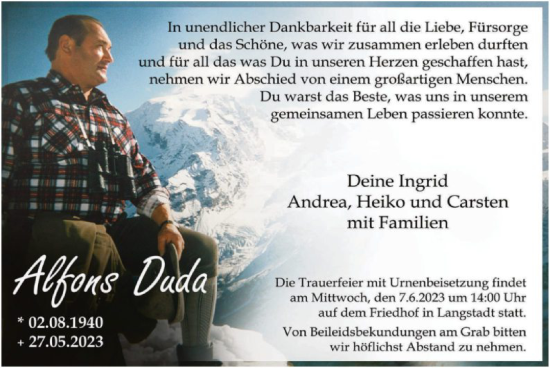 Todesanzeige von Alfons Duda von OF