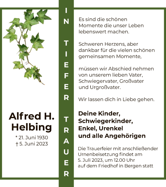 Todesanzeige von Alfred H. Helbing von OF