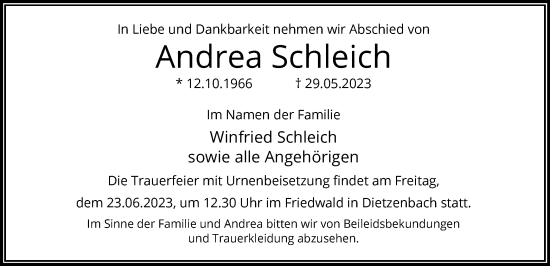 Todesanzeige von Andrea Schleich von OF