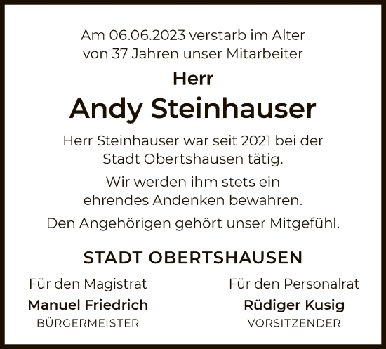 Todesanzeige von Andy Steinhauser von OF