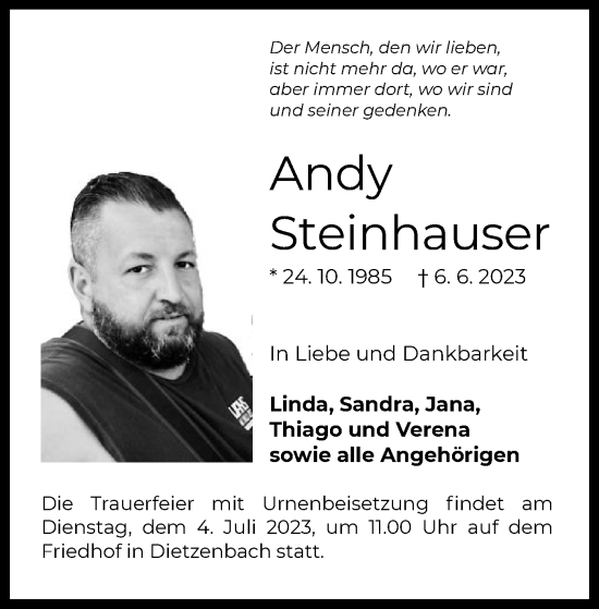 Todesanzeige von Andy Steinhauser von OF