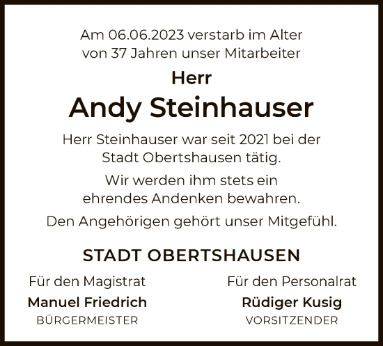Todesanzeige von Andy Steinhauser von OF