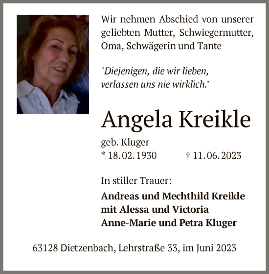 Todesanzeige von Angela Kreikle von OF
