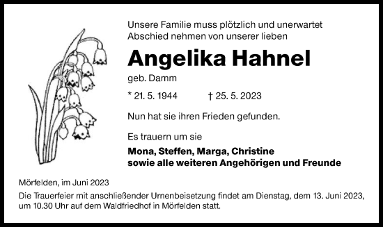 Todesanzeige von Angelika Hahnel von OF