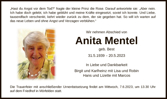 Todesanzeige von Anita Mentel von OF