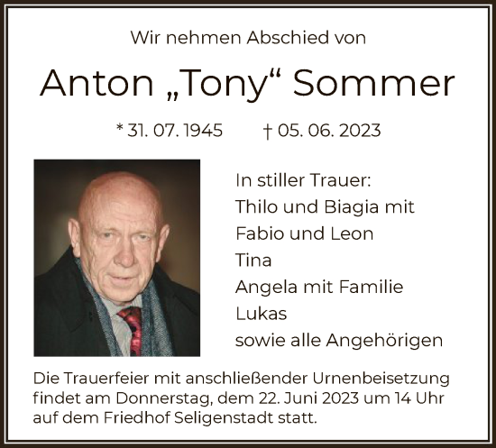 Todesanzeige von Anton Sommer von OF